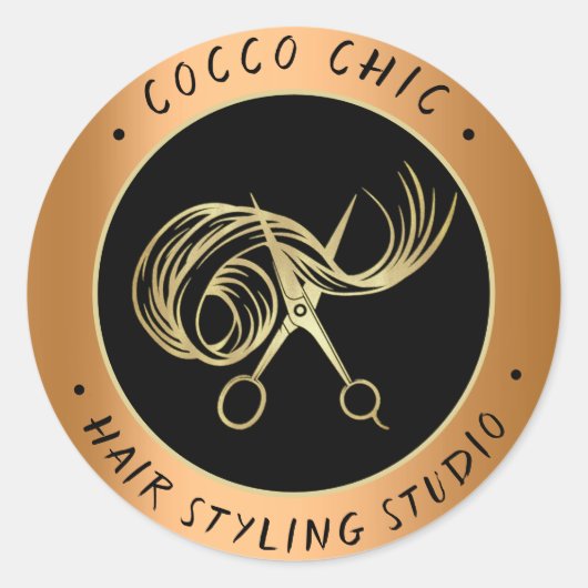 Schaar Haar Logo Naam Dank u Goud Bruin Ronde Sticker (Voorkant)