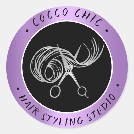 Schaar Haar Logo Naam Dank u Zilver Paarse Ronde Sticker (Voorkant)