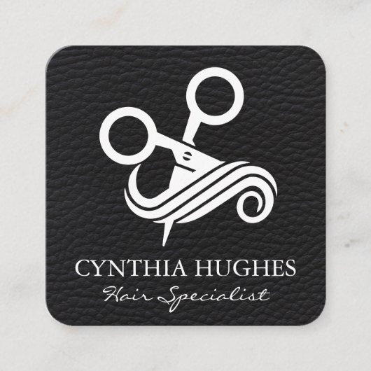 Schaar haar Logo | zwart leder Vierkante Visitekaartje (Voorkant)