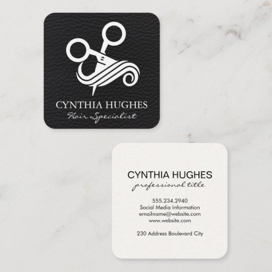 Schaar haar Logo | zwart leder Vierkante Visitekaartje (Voorkant / Achterkant)