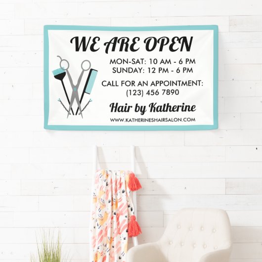 Schaar & Kam Blauwgroen Hair Stylist Open Spandoek (Insitu)