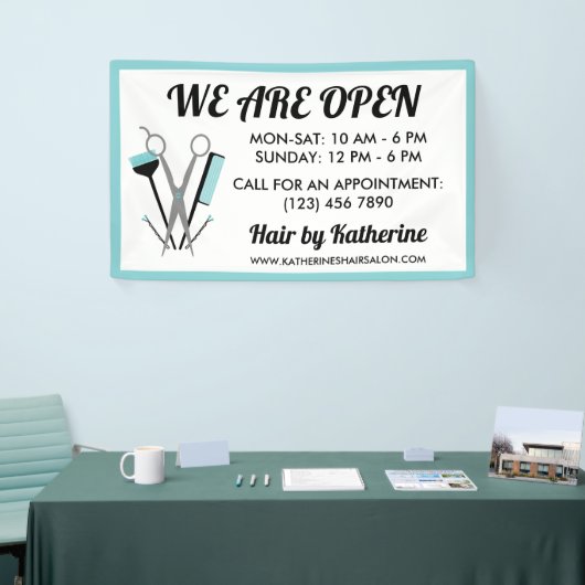 Schaar & Kam Blauwgroen Hair Stylist Open Spandoek (Beurs)