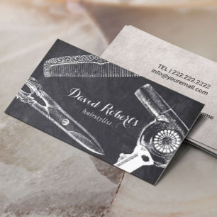 schaar kam haardroger haarstylist donker visitekaartje