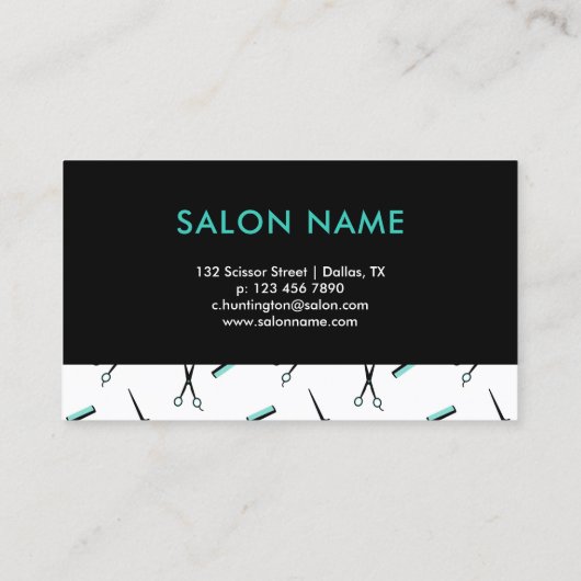 Schaar & kammen - Turquoise zwarte haarstyliste Visitekaartje (Achterkant)