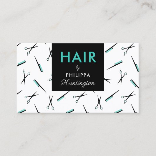 Schaar & kammen - Turquoise zwarte haarstyliste Visitekaartje (Voorkant)