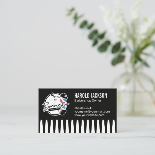 Schaar met kam voor herenkapper visitekaartje (Staand voorkant)