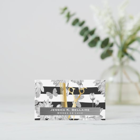 Schaar | Metaal geborsteld | Bloemen Vlinders Afsprakenkaartje (Staand voorkant)