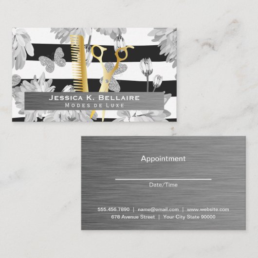 Schaar | Metaal geborsteld | Bloemen Vlinders Afsprakenkaartje (Voorkant / Achterkant)