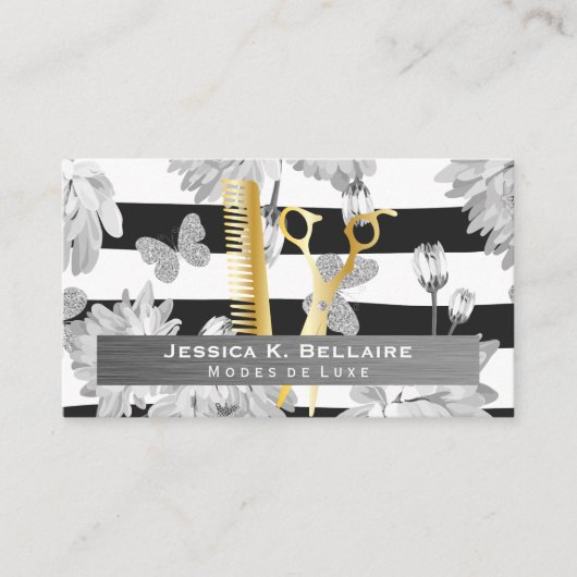 Schaar | Metaal geborsteld | Bloemen Vlinders Afsprakenkaartje (Voorkant)