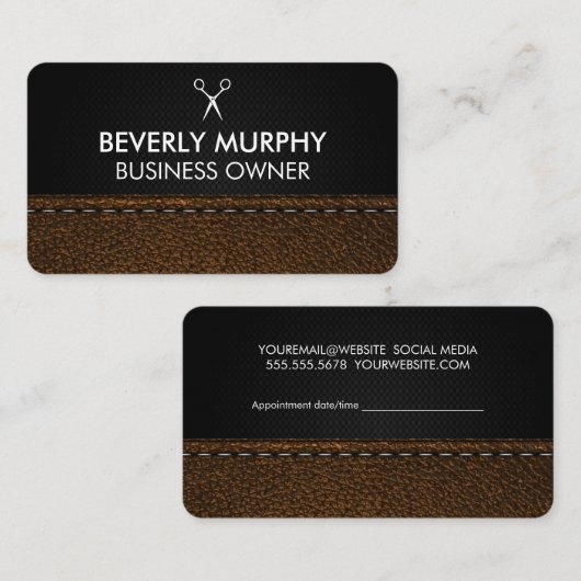 Schaarlogo | Bruin gestikt leer Afsprakenkaartje (Voorkant / Achterkant)