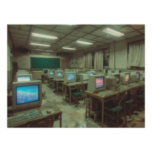 Schaars verlichte retro computerlab met CRT-scherm Perfect Poster