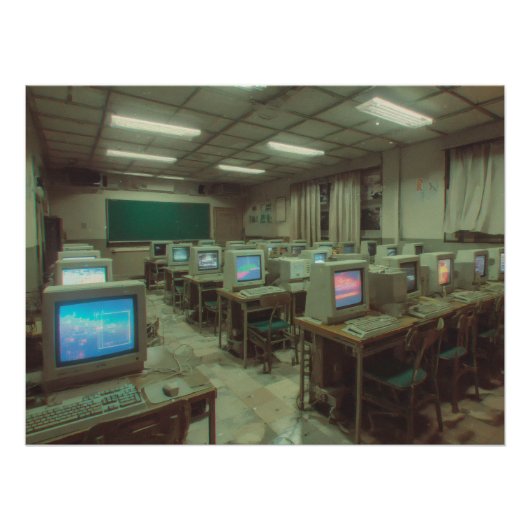 Schaars verlichte retro computerlab met CRT-scherm Perfect Poster (Voorkant)