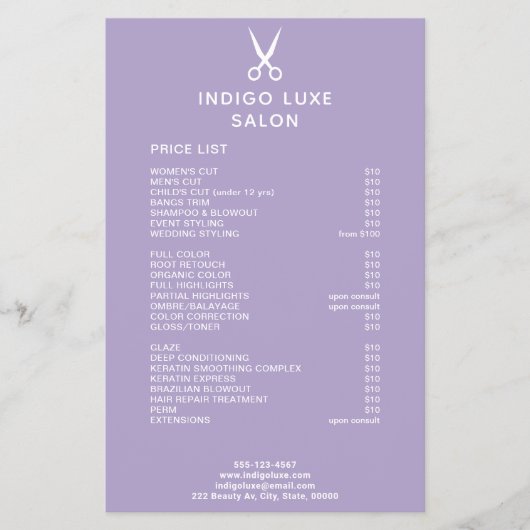 Schaarssalon Scharen Paarse Service Menu Prijslijs (Voorkant)