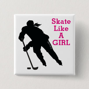 Schaats als een meisje Hockey roze pinback Vierkante Button 5,1 Cm