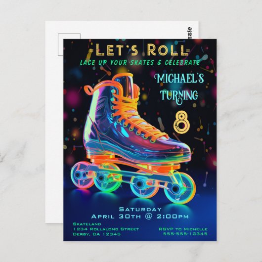 Schaats Birthday Party Invitation Briefkaart (Voorkant / Achterkant)