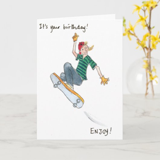 Schaats-boarding Boy Verjaardag Kaart (Gele Bloem)
