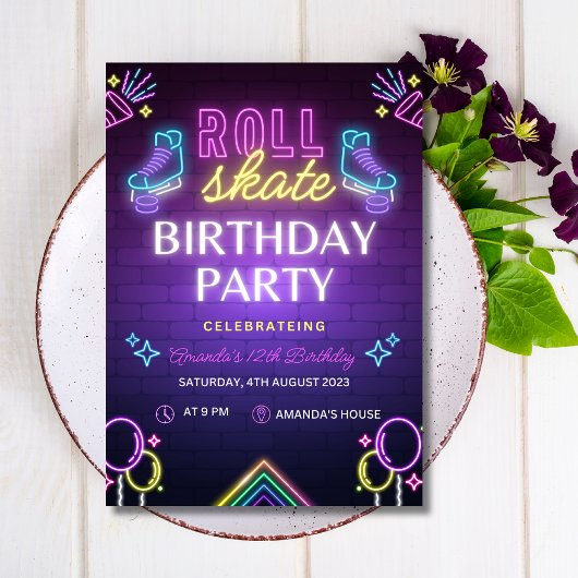 Schaats Feest Verjaardagsuitnodiging, Rolschaatsen Kaart