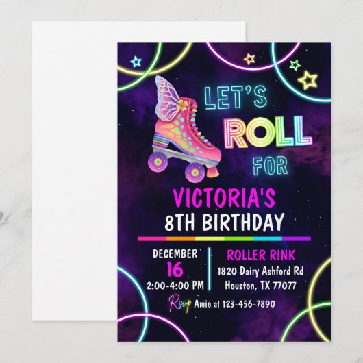 Schaats Feest Verjaardagsuitnodiging, Rolschaatsen Kaart (Voorkant / Achterkant)