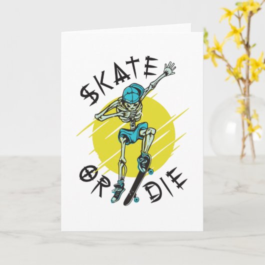 Schaats of die Skeleton Skateboarder Kaart (Gele Bloem)