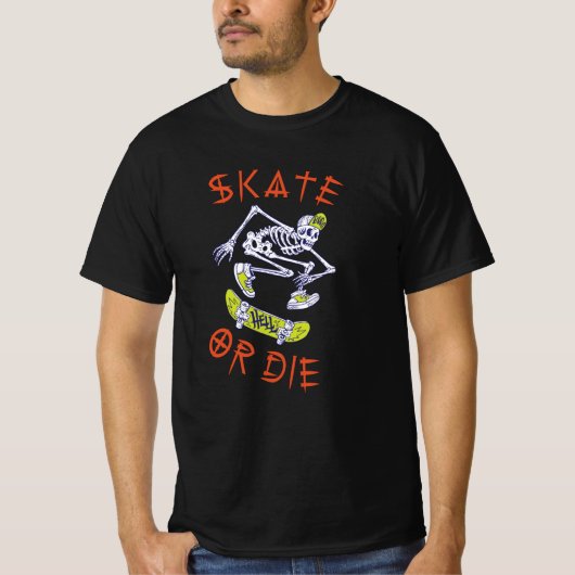 Schaats of die Skeleton Skateboarder T-shirt (Voorkant)