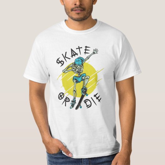 Schaats of die Skeleton Skateboarder T-shirt (Voorkant)