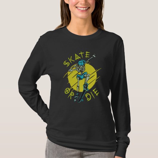 Schaats of die Skeleton Skateboarder T-shirt (Voorkant)