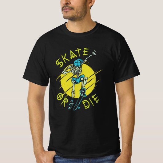 Schaats of die Skeleton Skateboarder T-shirt (Voorkant)