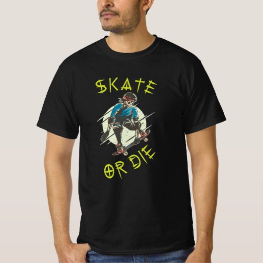 Schaats of die Skeleton Skateboarder T-shirt (Voorkant)