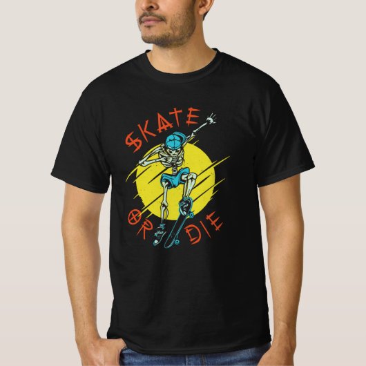 Schaats of die Skeleton Skateboarder T-shirt (Voorkant)