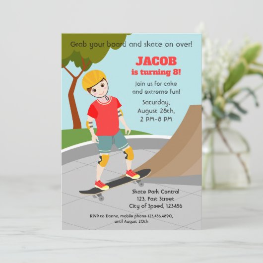 Schaats Park Fun Boy Verjaardagsfeestje Kaart (Staand voorkant)