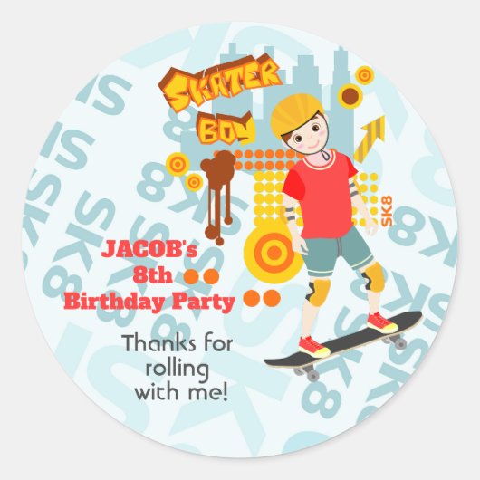 Schaats Park Fun Boy Verjaardagsfeestje Ronde Sticker (Voorkant)