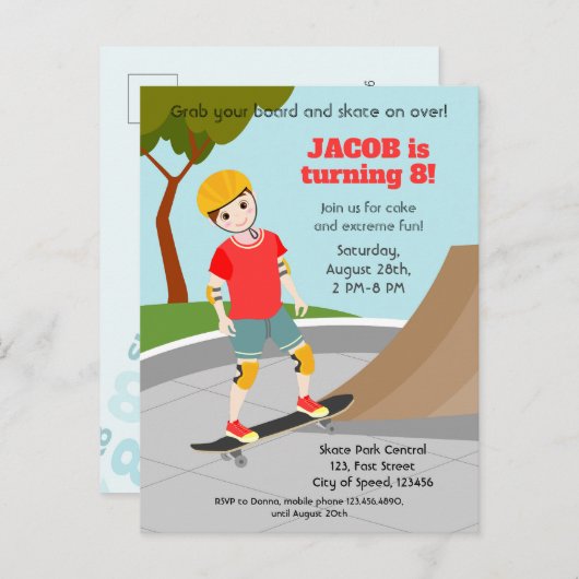 Schaats Park Fun Boy Verjaardagsfeestje Uitnodiging Briefkaart (Voorkant / Achterkant)