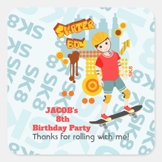 Schaats Park Fun Boy Verjaardagsfeestje Vierkante Sticker (Voorkant)