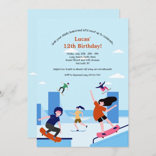 Schaats Park Verjaardagsfeestuitnodiging Kaart (Voorkant / Achterkant)