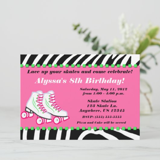 Schaats Party Girls Zebra Print Birthday Uitnodigi Kaart (Staand voorkant)