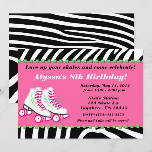 Schaats Party Girls Zebra Print Birthday Uitnodigi Kaart (Voorkant / Achterkant)