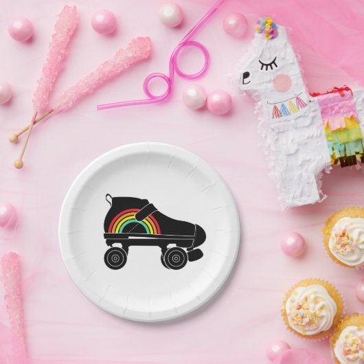 schaats-regenboog met quadroller papieren bordje (Feest)
