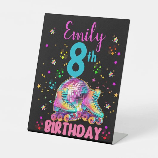 Schaats Roller Disco Verjaardagsmeisje Matching Reclamebord Met Voetstuk (Voorkant)