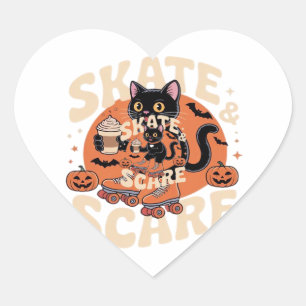 Schaats & Schrik � Zwart Cute Kat op Roller Skates Hart Sticker