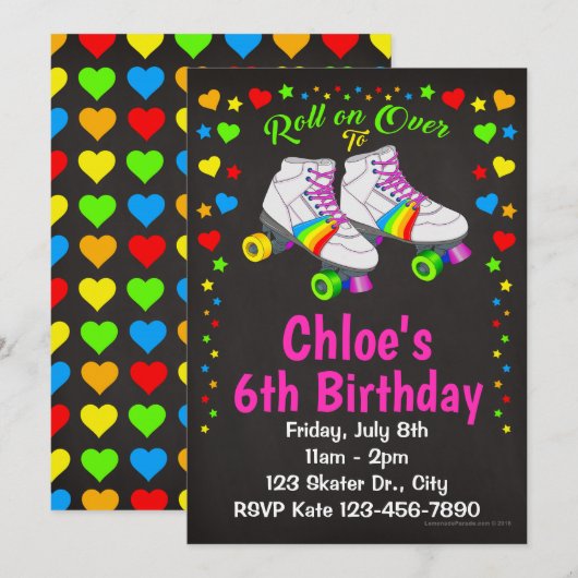 Schaats van Roller Birthday Party Kaart (Voorkant / Achterkant)