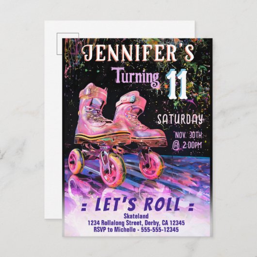 Schaats verjaardagsfeest uitnodiging (Voorkant / Achterkant)