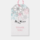 Schaatsen en sneeuwvlokken roze blauw zilver cadeaulabel (Voorkant)