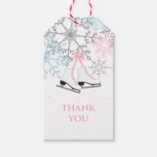 Schaatsen en sneeuwvlokken roze blauw zilver cadeaulabel (Voorkant)