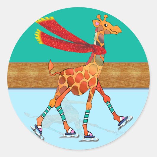 Schaatsen Giraffe met sjaal op de Rink Ronde Sticker (Voorkant)
