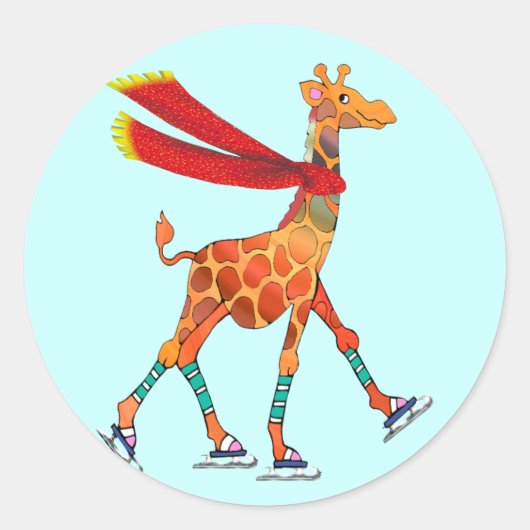 Schaatsen Giraffe met sjaal Ronde Sticker (Voorkant)
