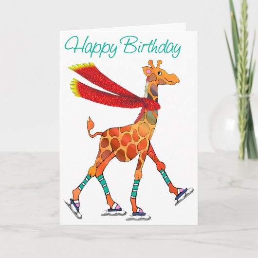 Schaatsen Giraffe met sjaal Verjaardag Kaart (Voorkant)