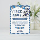 Schaatsen Jongen Verjaardagsfeestje Blauwe Strepen Bedankkaart (Staand voorkant)