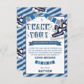 Schaatsen Jongen Verjaardagsfeestje Blauwe Strepen Bedankkaart (Voorkant / Achterkant)