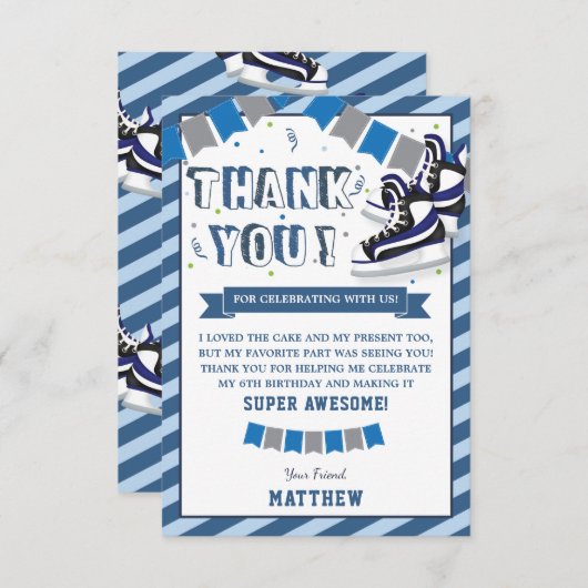 Schaatsen Jongen Verjaardagsfeestje Blauwe Strepen Bedankkaart (Voorkant / Achterkant)