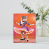 Schaatsen kat in roze briefkaart (Staand voorkant)